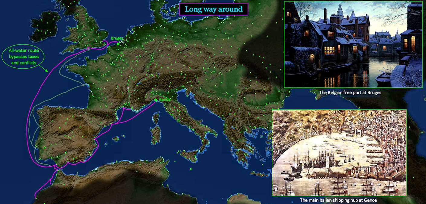 Trans-Europe all-water routes, 1500s map